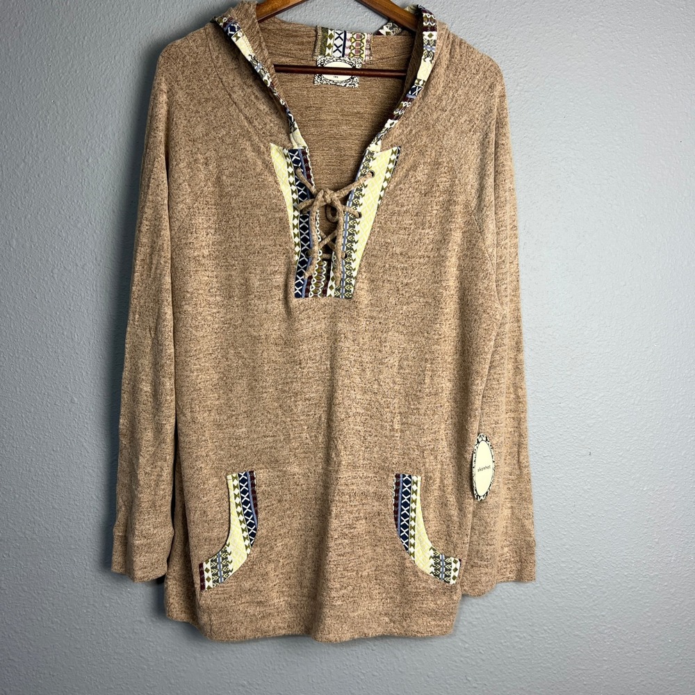 Skönhet Southwestern Boho Hoodie Tunic Top Lace Up‎ Pockets Long SL Casual 1XL